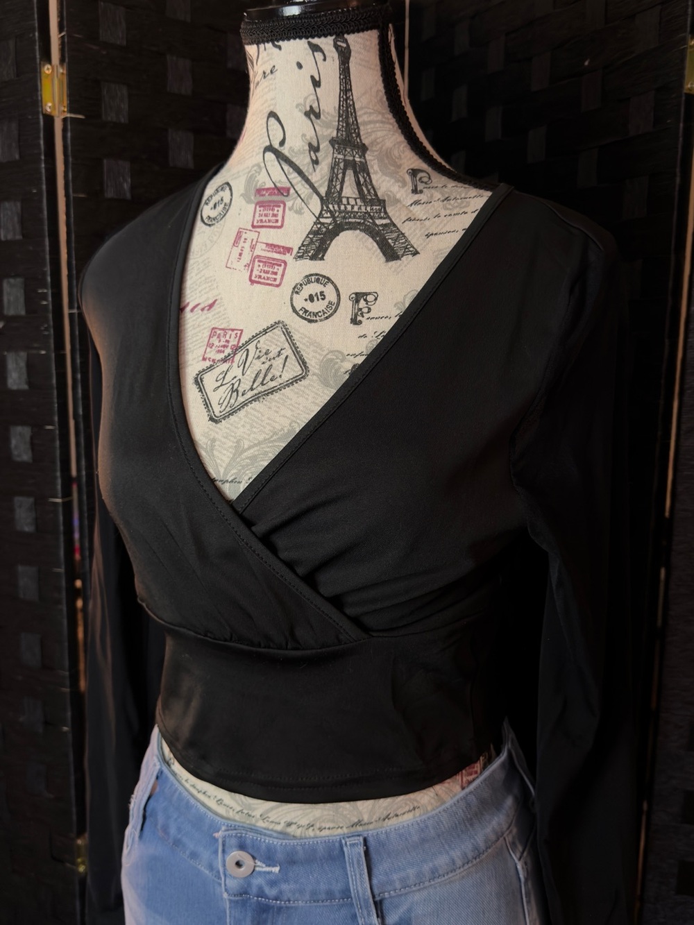 Black Wrap-Front Long Sleeve Crop Top  With Mesh Long Sleeves- Women